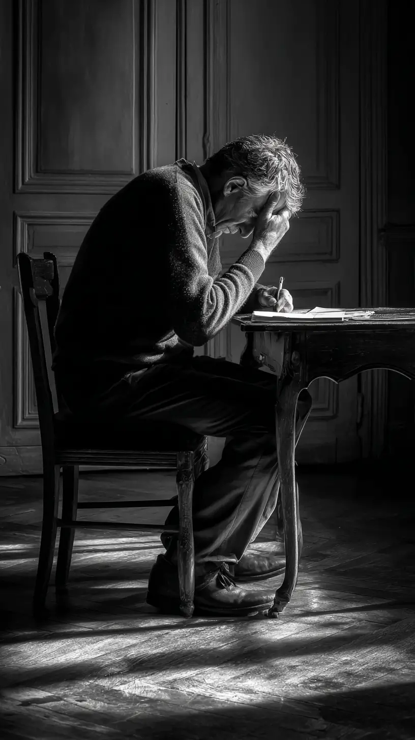 Man bowed under a dark inner sky of ink wings