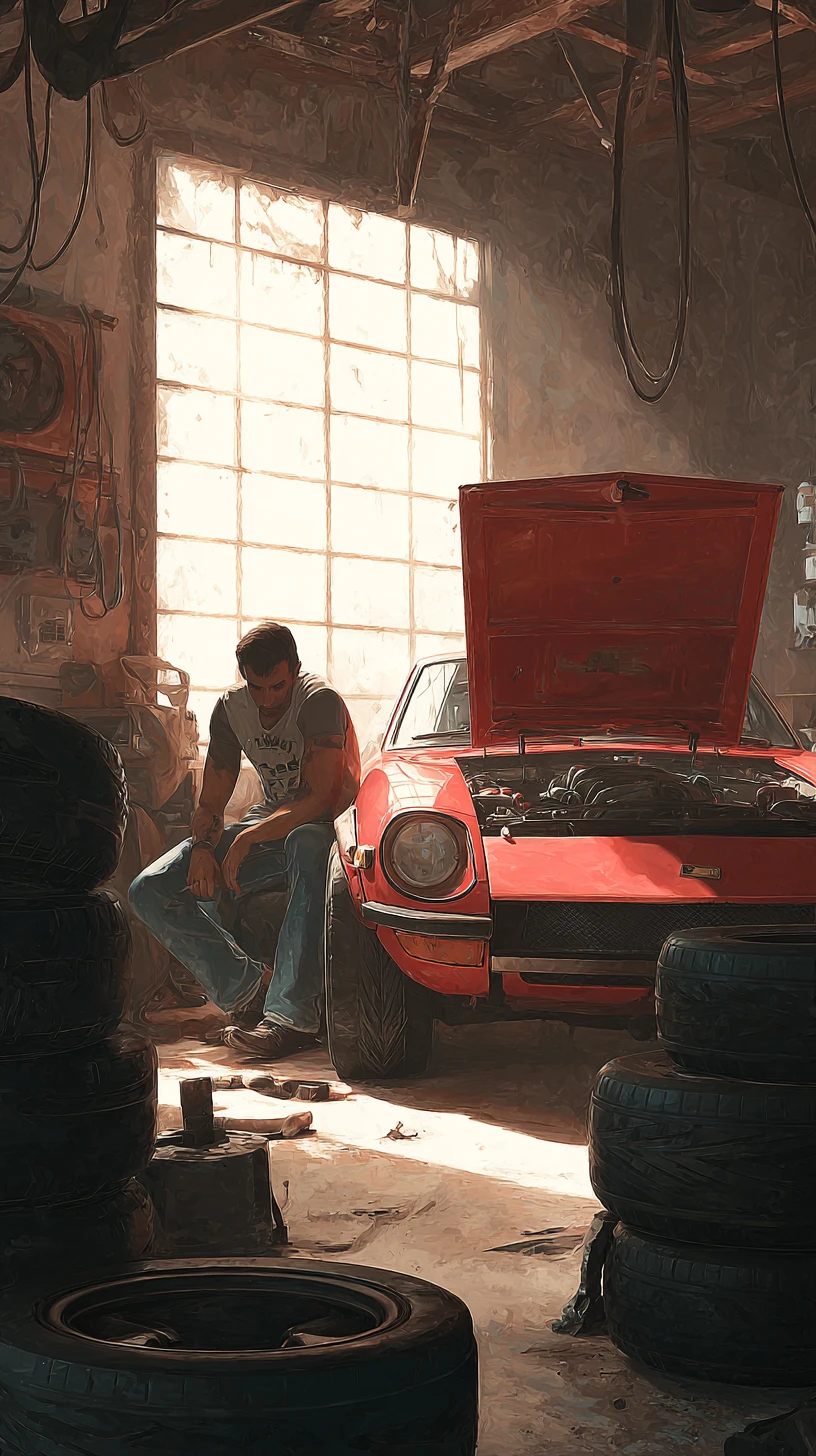 Mechaniker arbeitet an rotem Auto in warm beleuchteter Garage