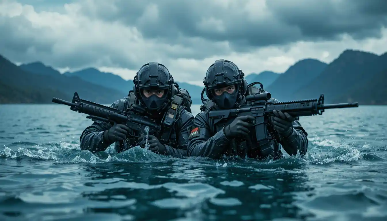 Underwater soldiers advancing through a dark tactical lake