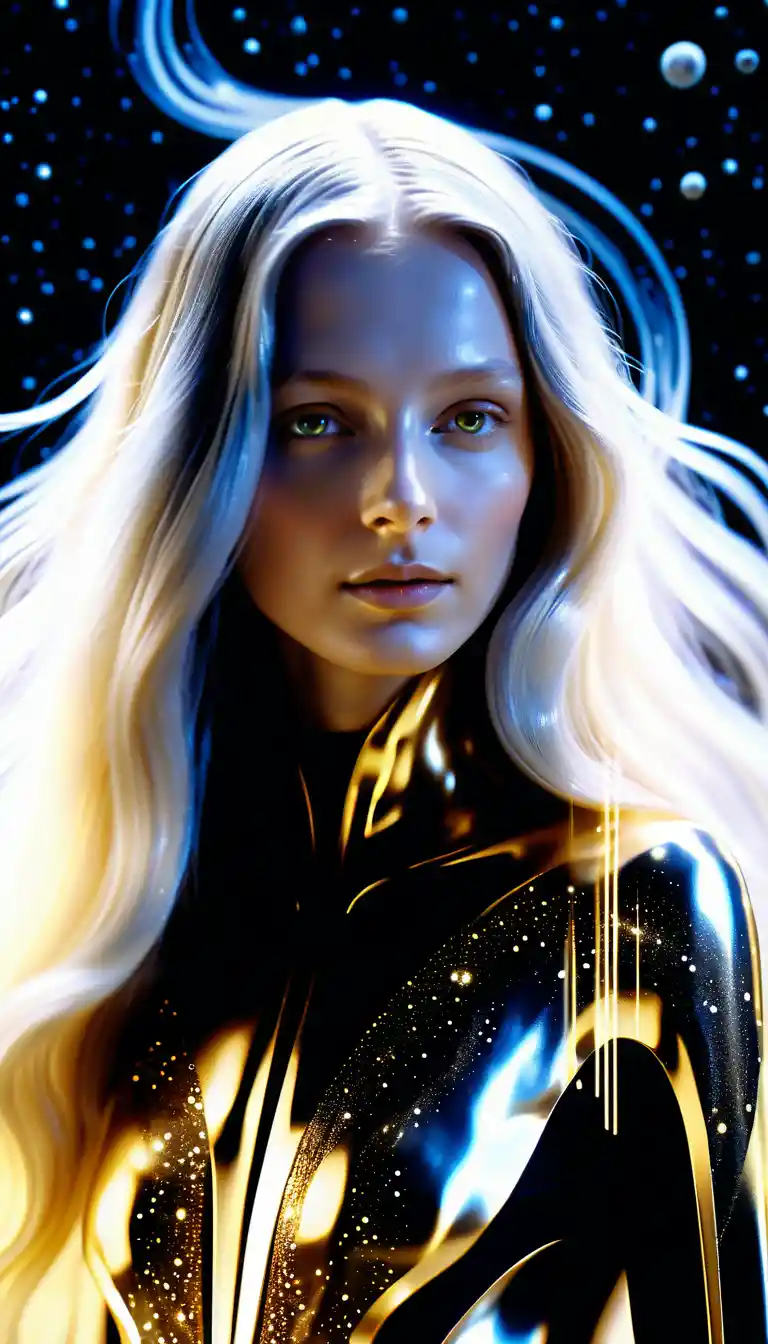 Ethereal cosmic woman of liquid silver and gold light