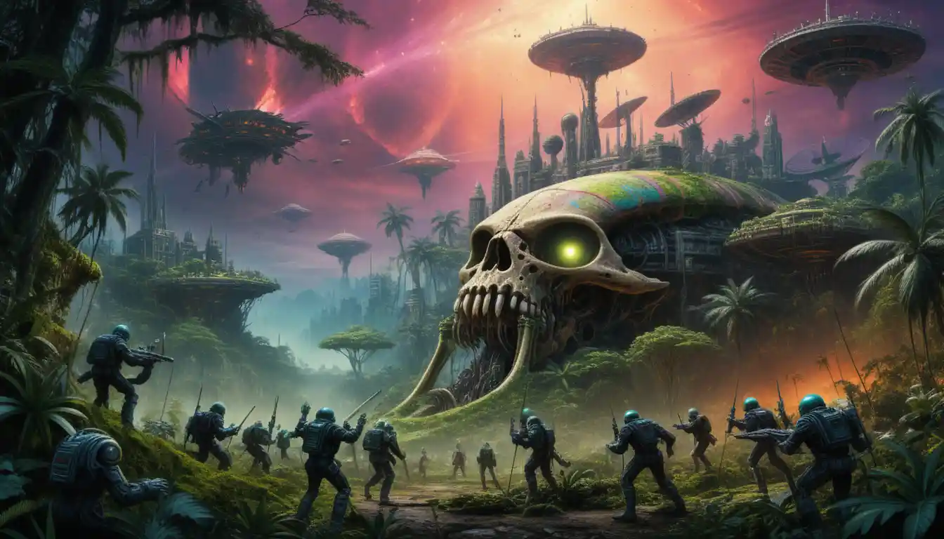 Alien Skull City Rising From A Steamy Jungle World