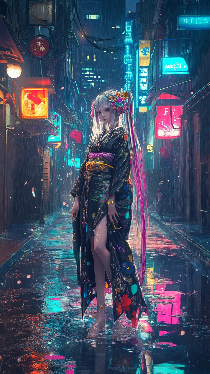 Anime-Frau im Kimono in einer Neonstadt-Gasse