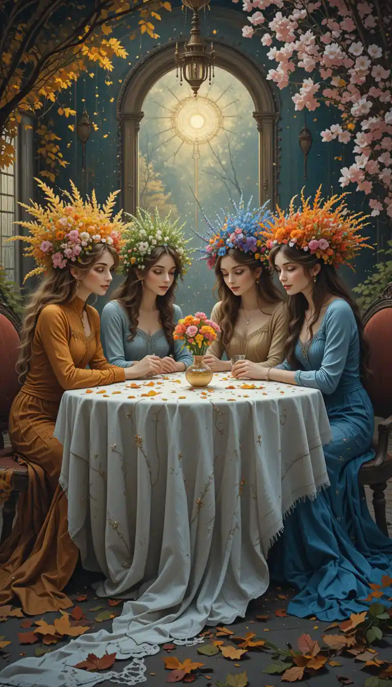 Quatro mulheres sazonais sentadas juntas a uma mesa antiga