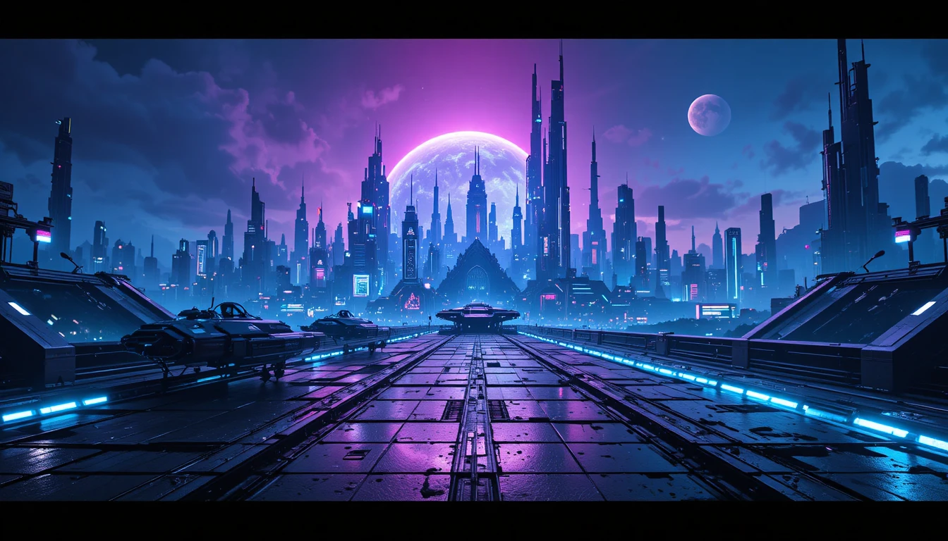 Futuristic alien city skyline under glowing neon blue sky