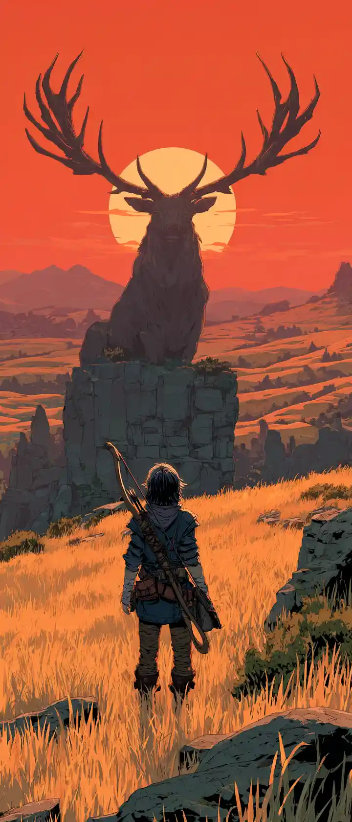 Anime archer on a cliff at sunrise with glowing stag