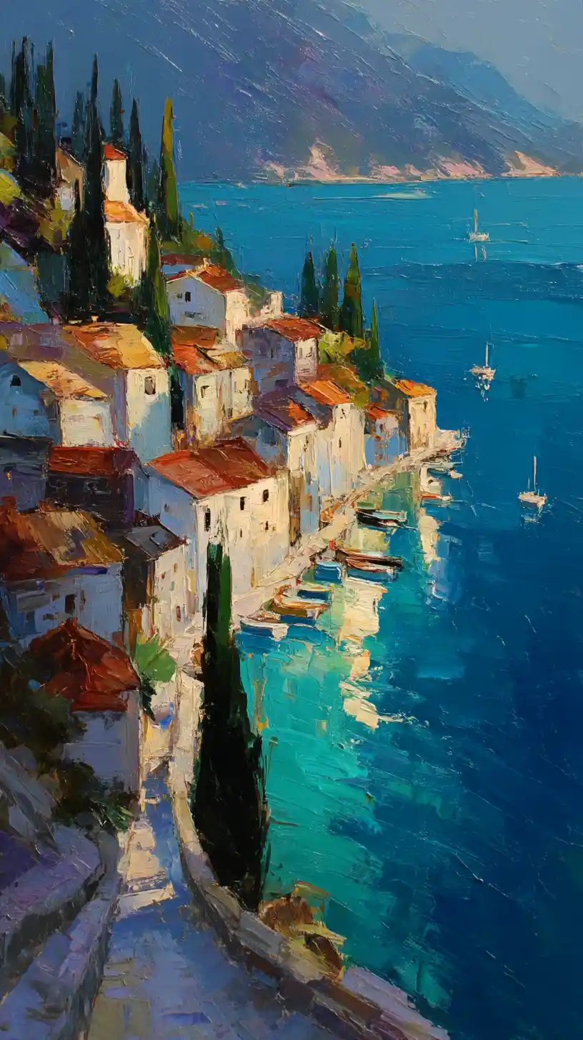 Impasto-Gemälde einer Küstenstadt am Hang über einem türkisfarbenen Hafen