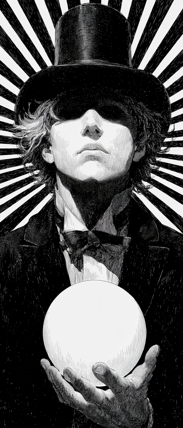 Mago de anime com esfera de op art flutuante no palco