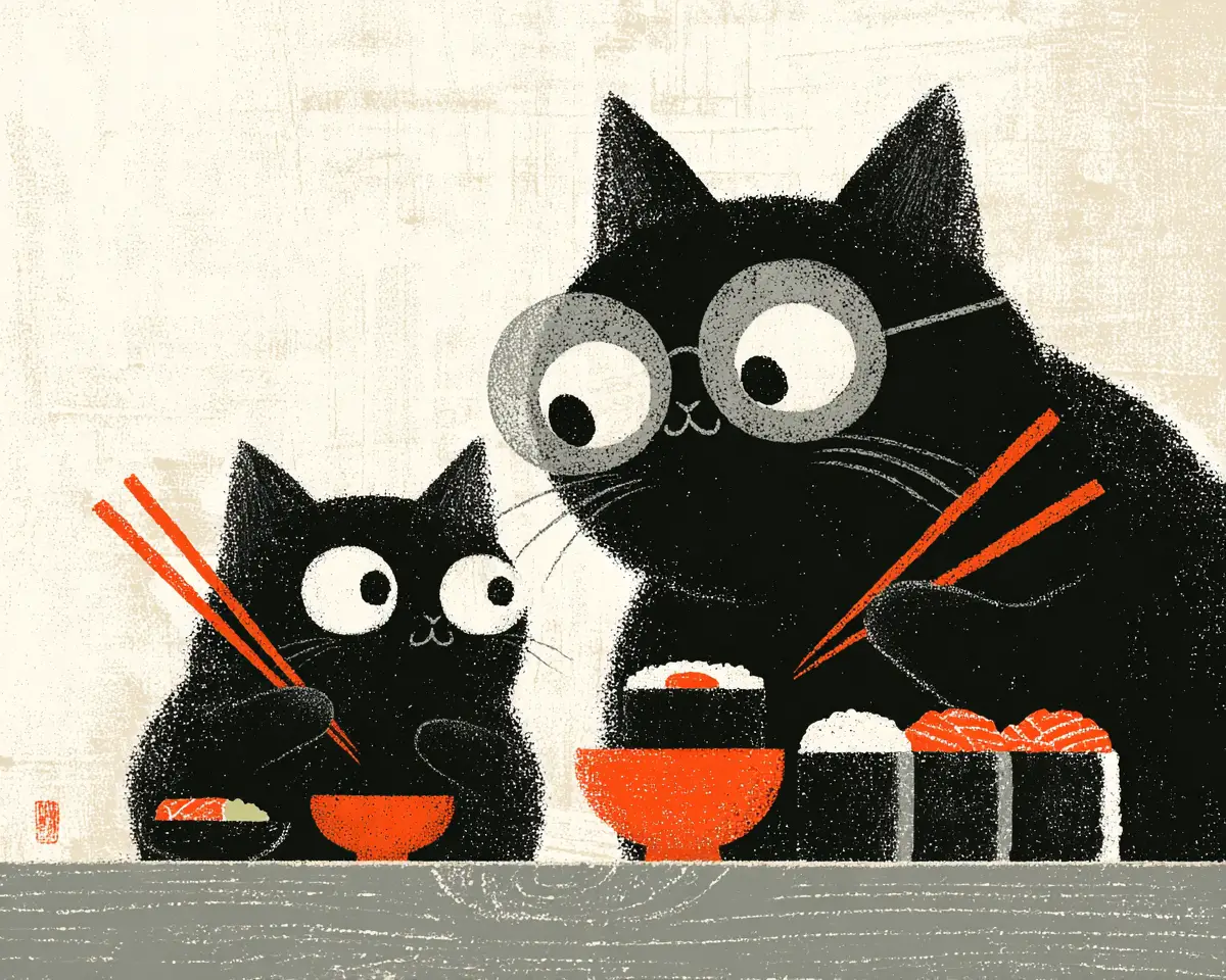 Cartoon parent and child cats sharing sushi together