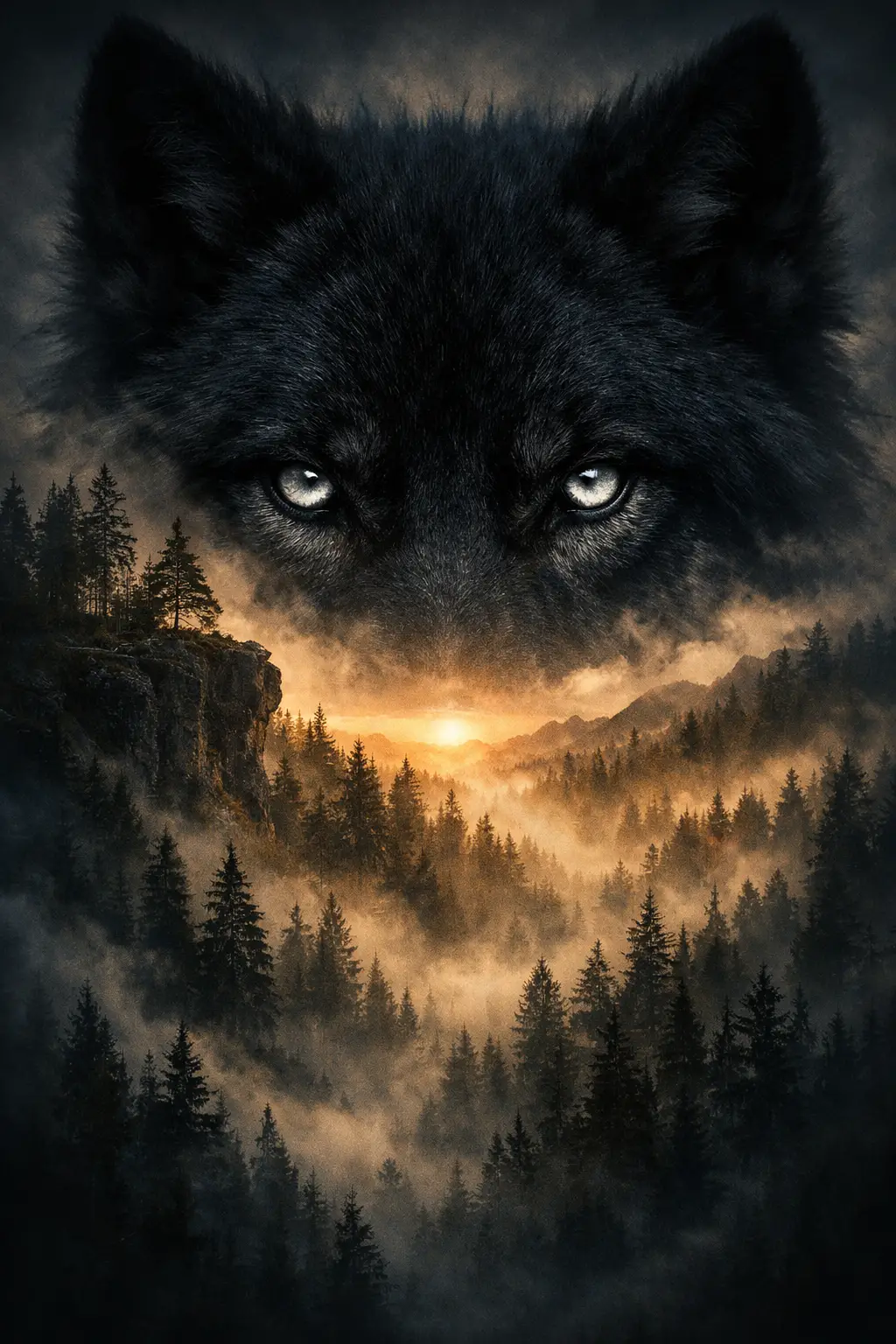 Black wolf face fused with foggy pine forest at dawn