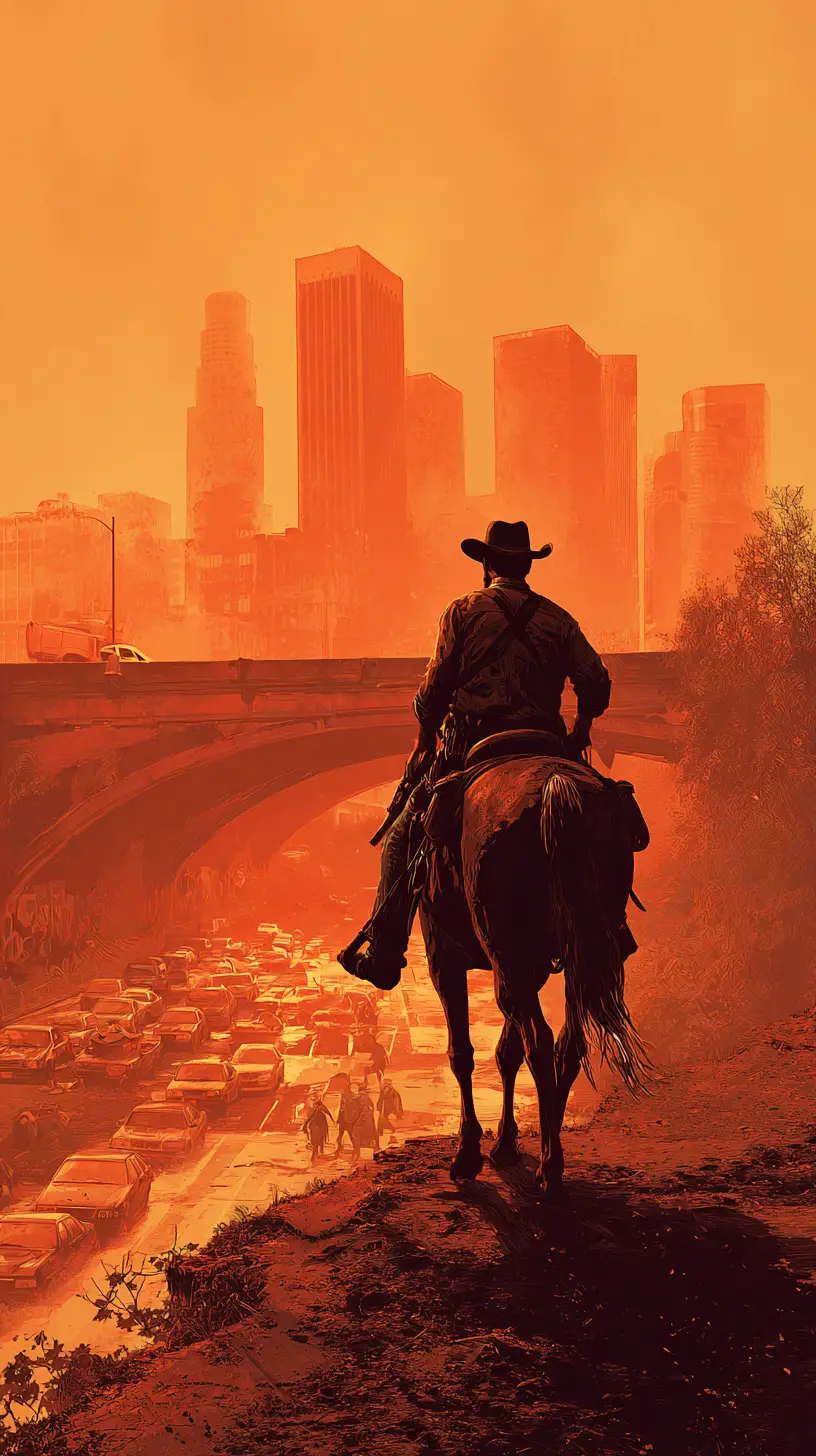 Close up cowboy riding a horse through ruined city