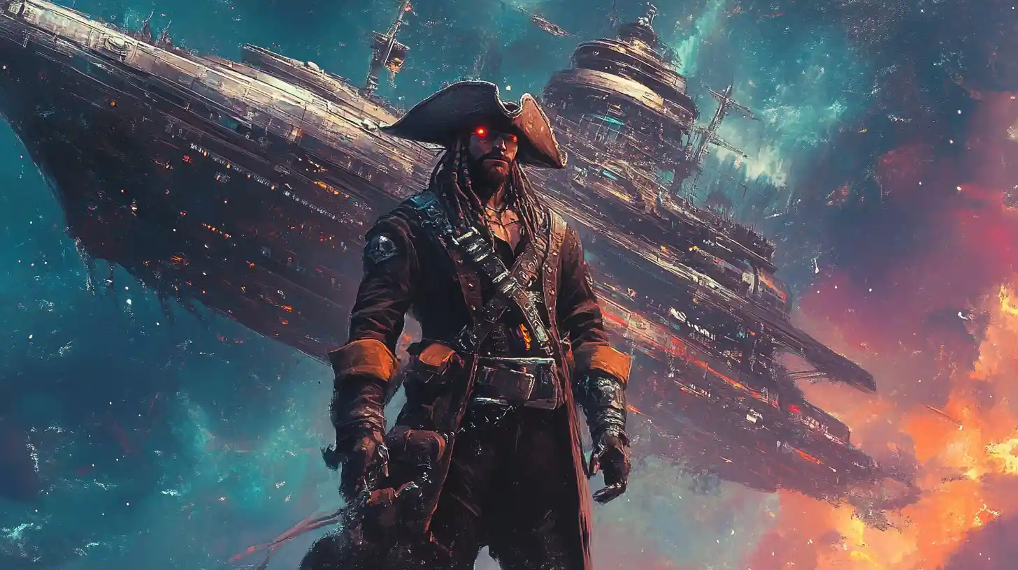 Cybernetic space pirate captain before a hybrid starship