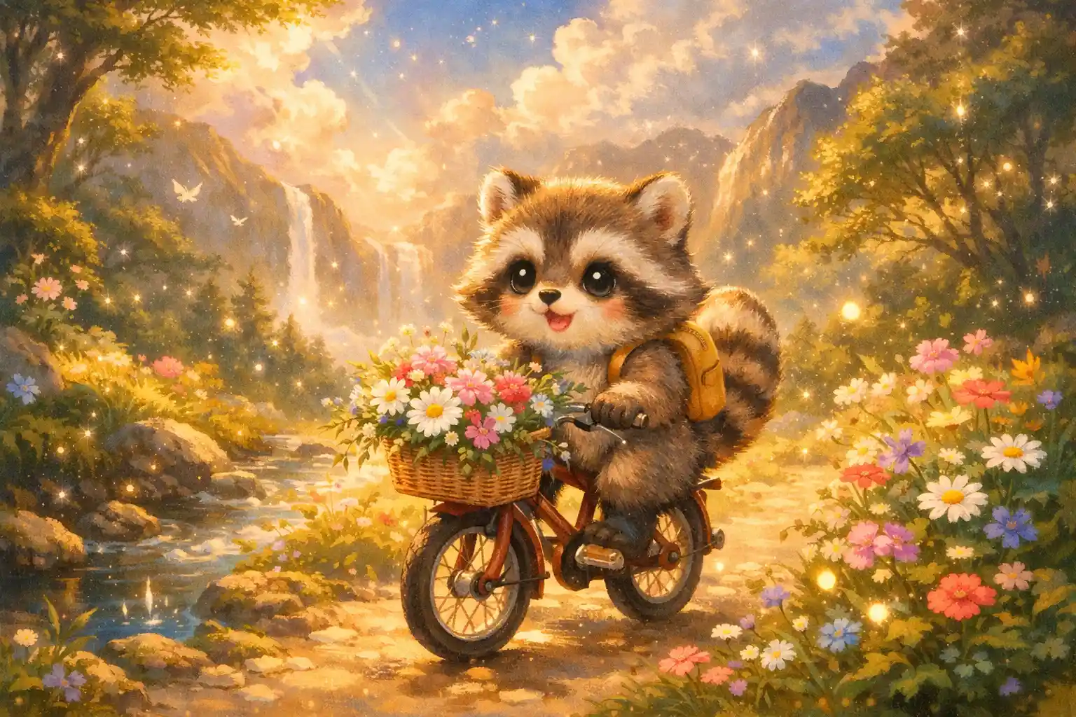 Cute baby raccoon riding a bicycle with flowers