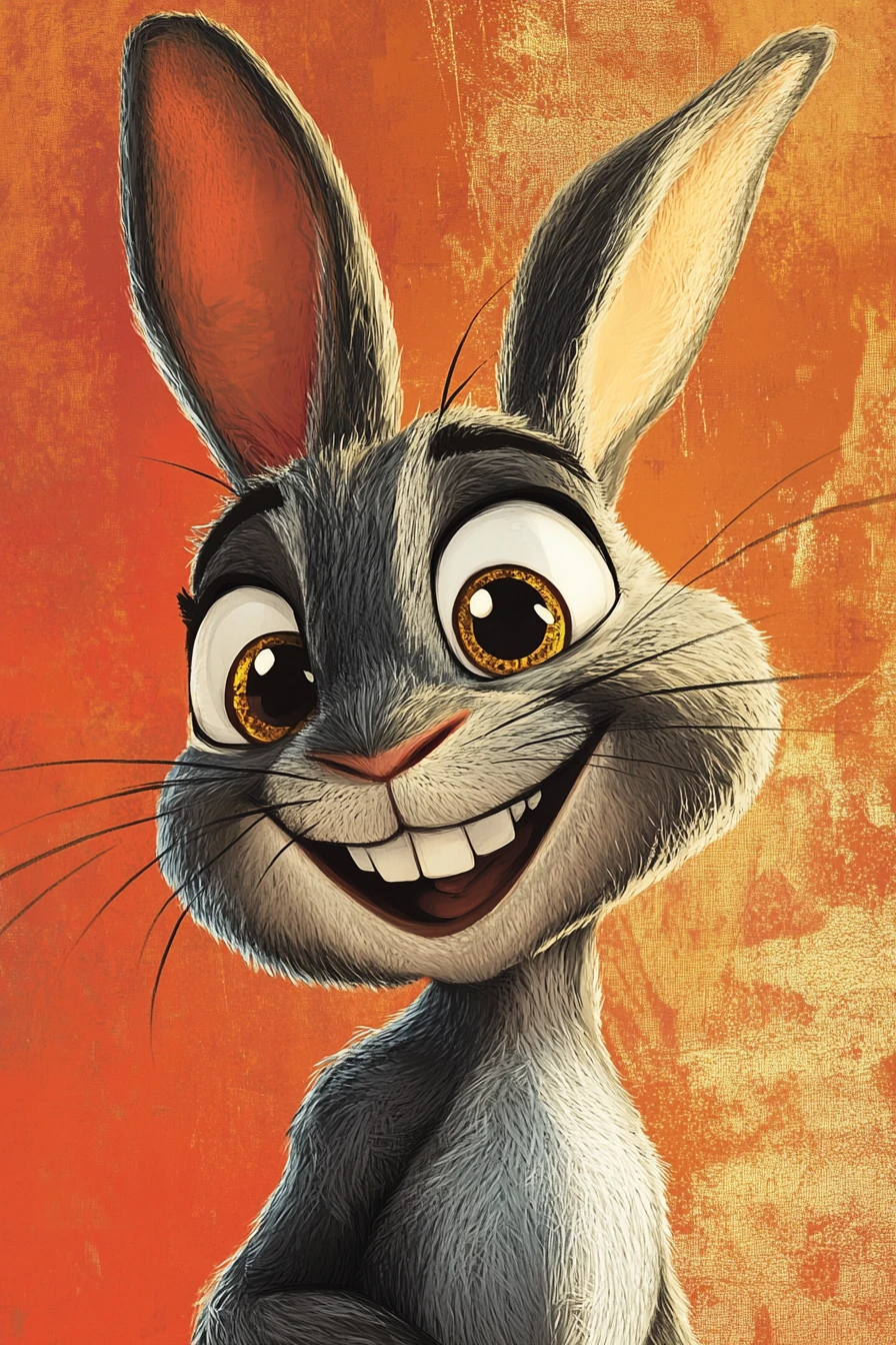 Playful cartoon rabbit with bold eyes on high contrast background