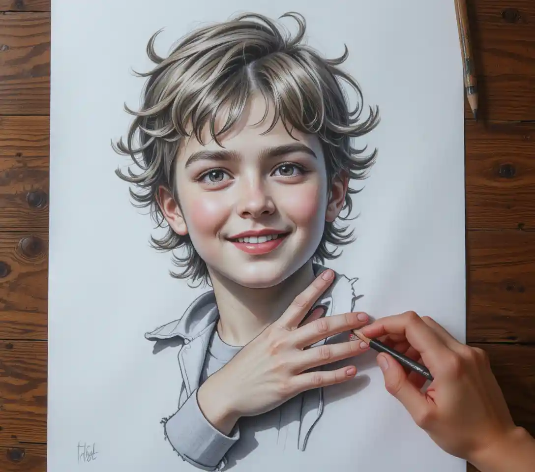 Tender close up drawing of a young boy and adult hand