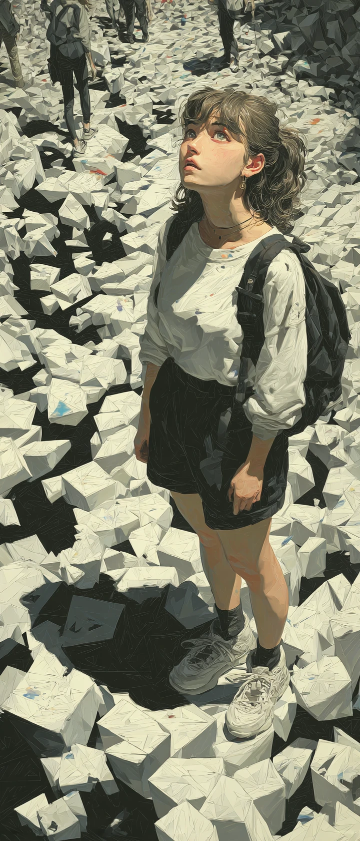 Anime painter stunned before a vast op art canvas