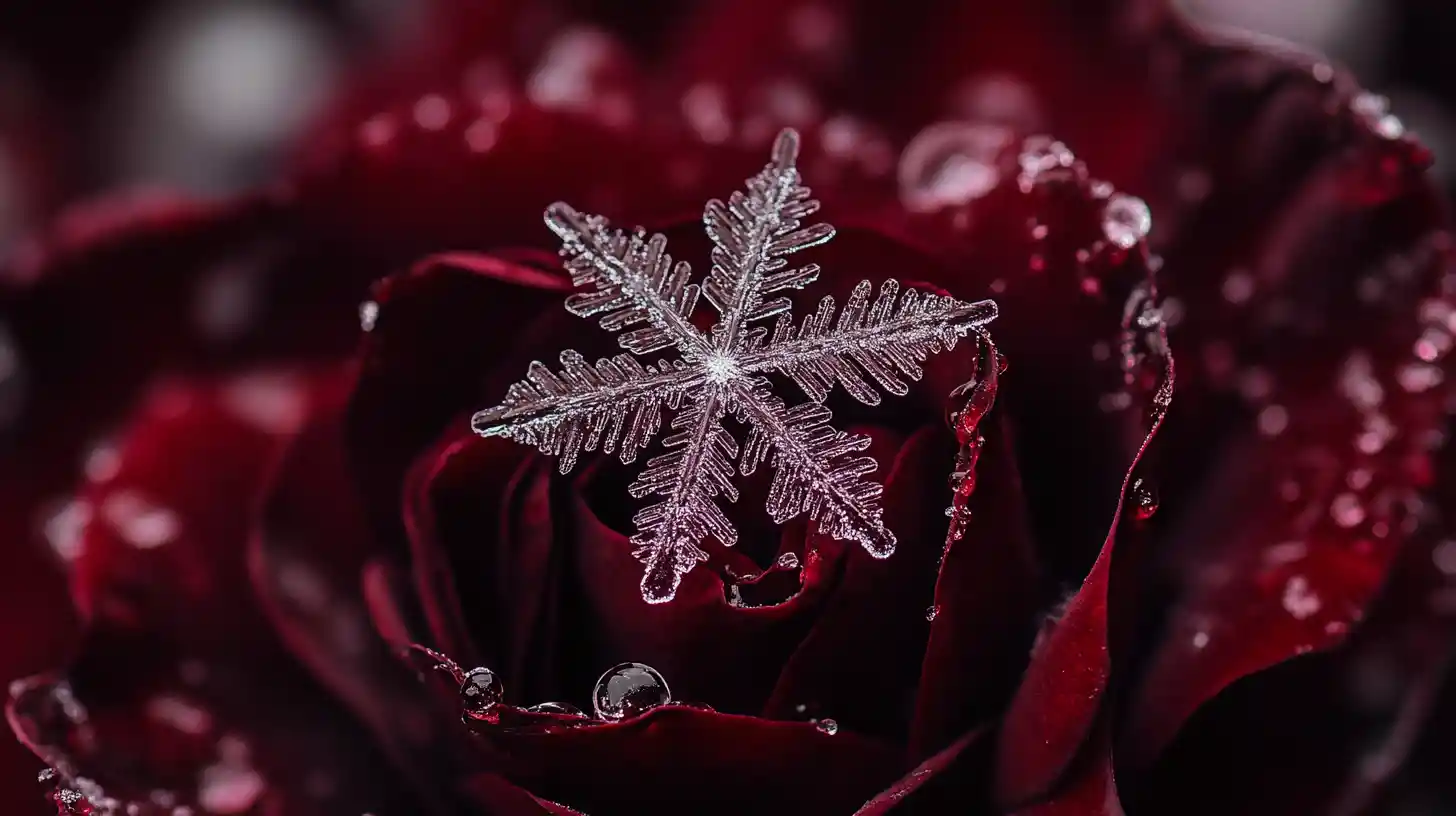 Fiocco di neve macro su petalo di rosa scuro ghiacciato fantasy