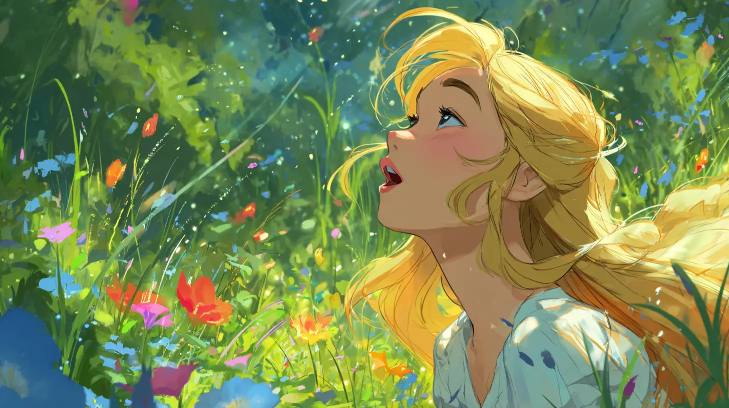 an anime-style girl with blonde hair looking up in a lush green flower meadow with glowing lights.