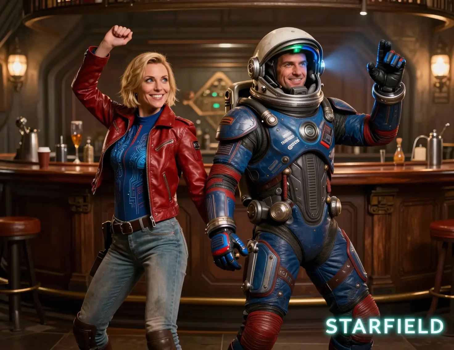 Dancing astronaut and woman in a rustic futuristic bar