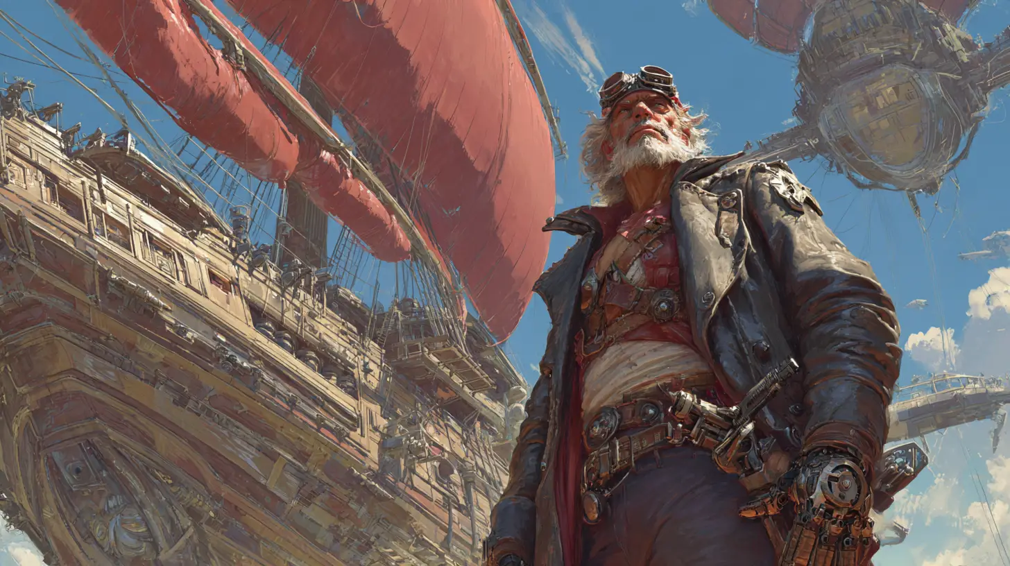 Space pirate captain with cybernetic arms before his ship