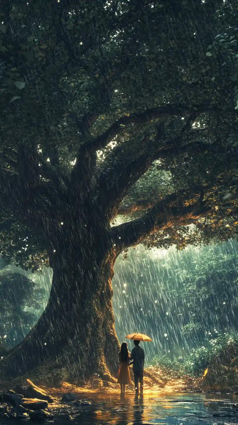 Two people sheltered beneath a vast tree from surrounding rain