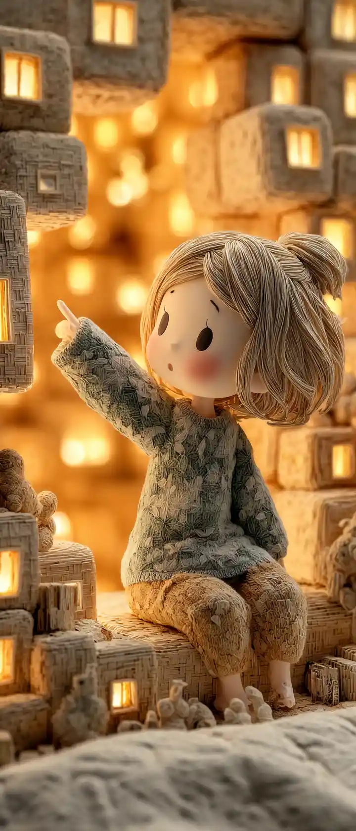 Anime child in paper art bedroom pointing at night city