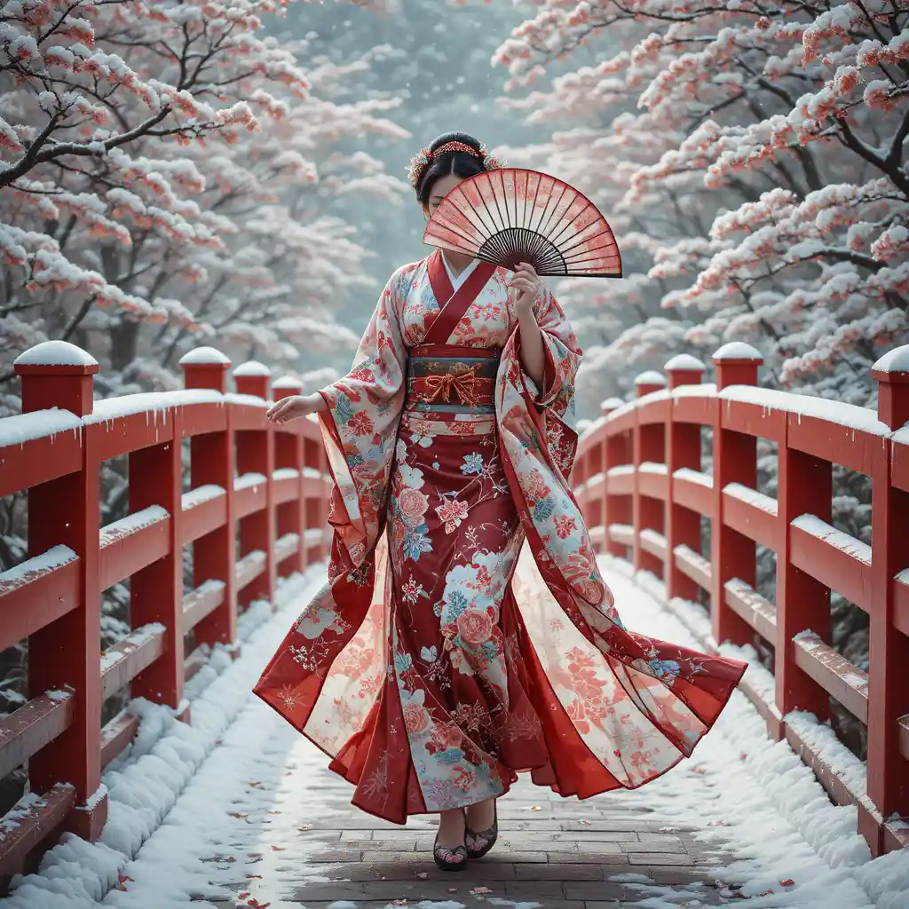 Elegante oiran che attraversa un ponte vermiglione in una scena stagionale