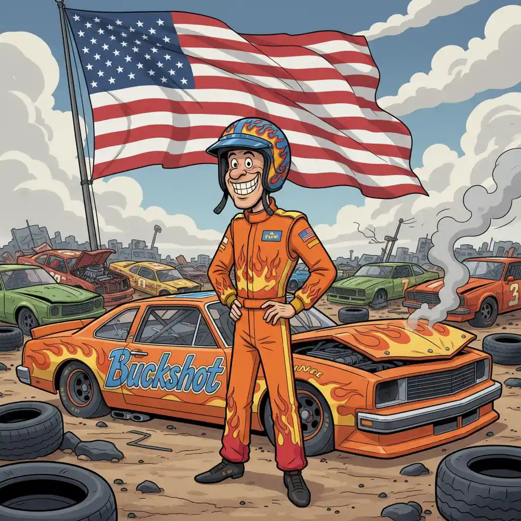Goofy cartoon race car driver amid chaotic track crash