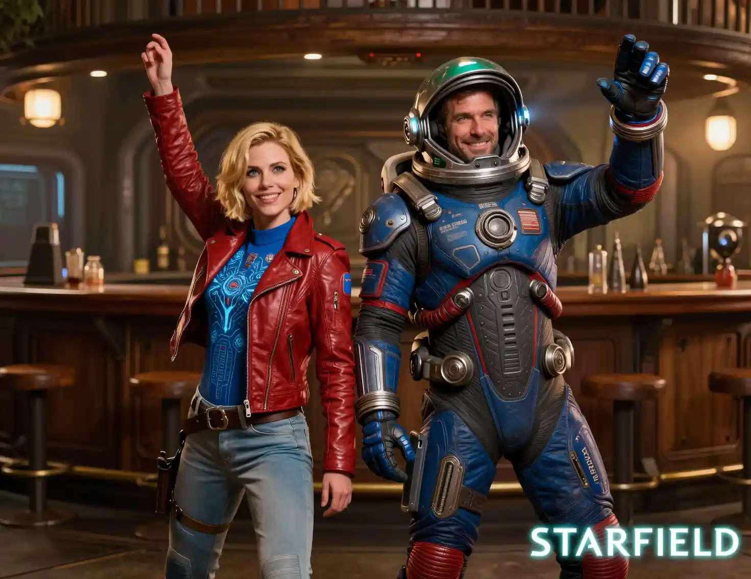 Two sci fi travelers dancing inside a futuristic bar