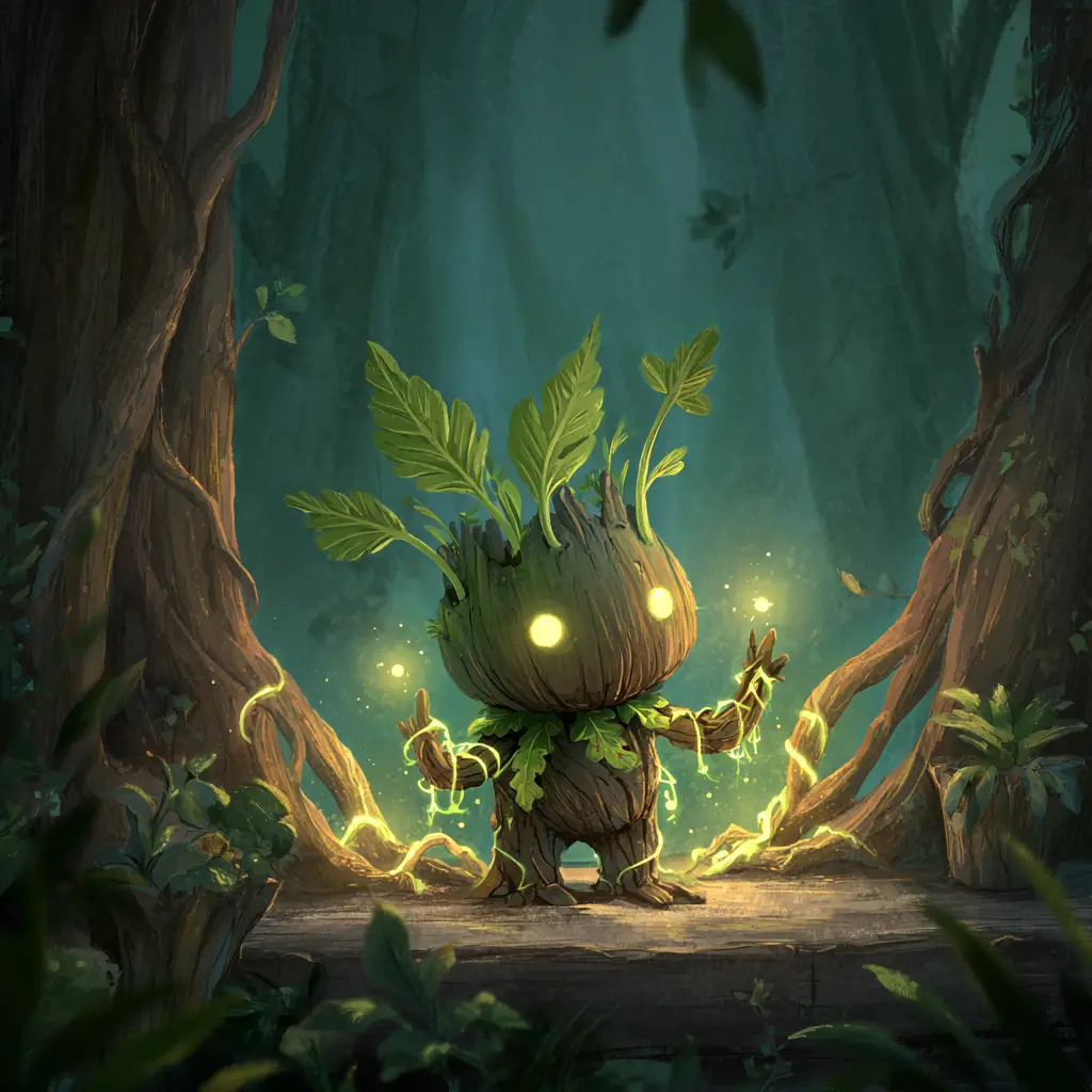 Whimsical forest creature guarding roots in enchanted woods