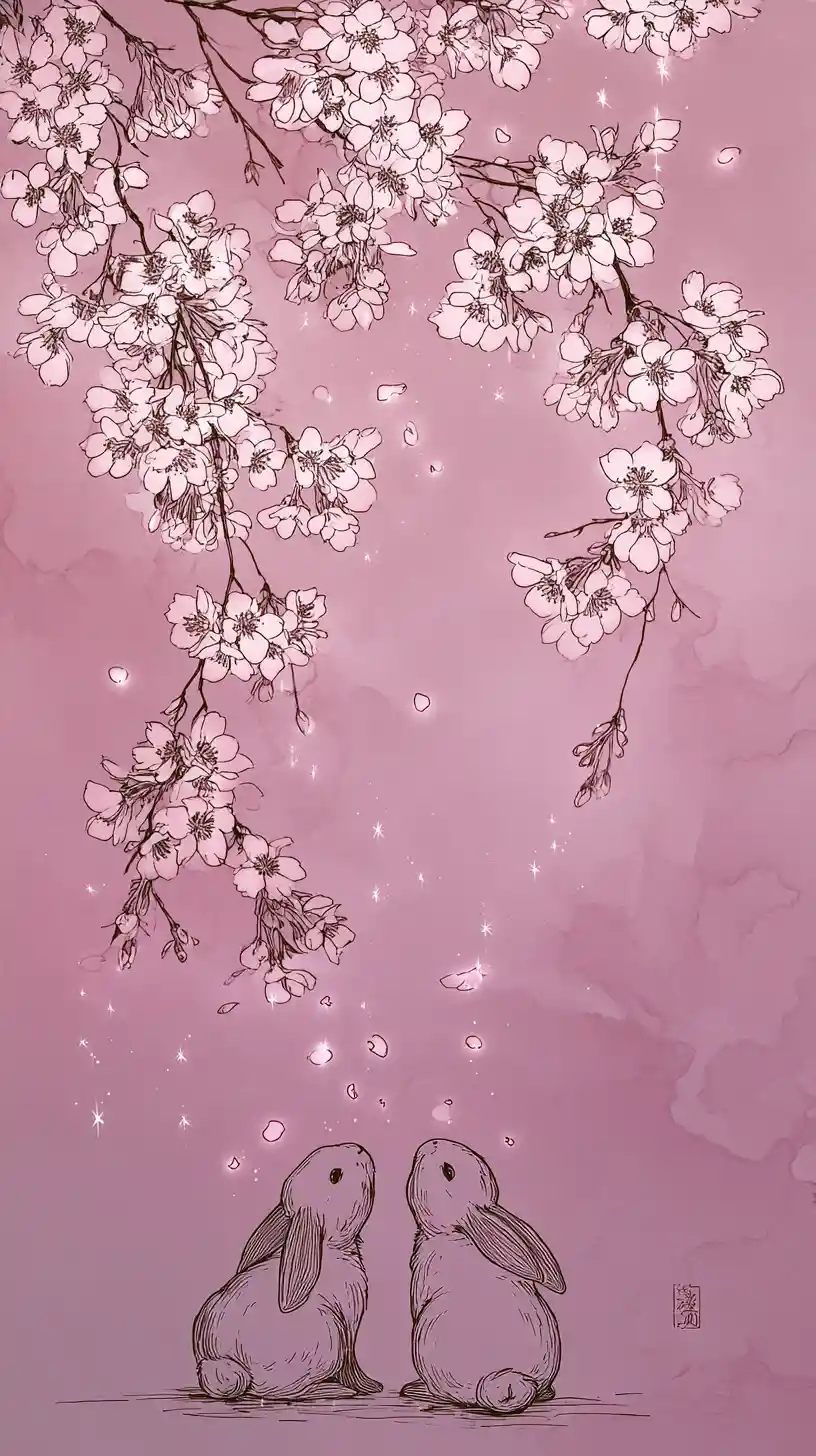 Rabbits Watching Falling Sakura Petals In Glowing Line Art