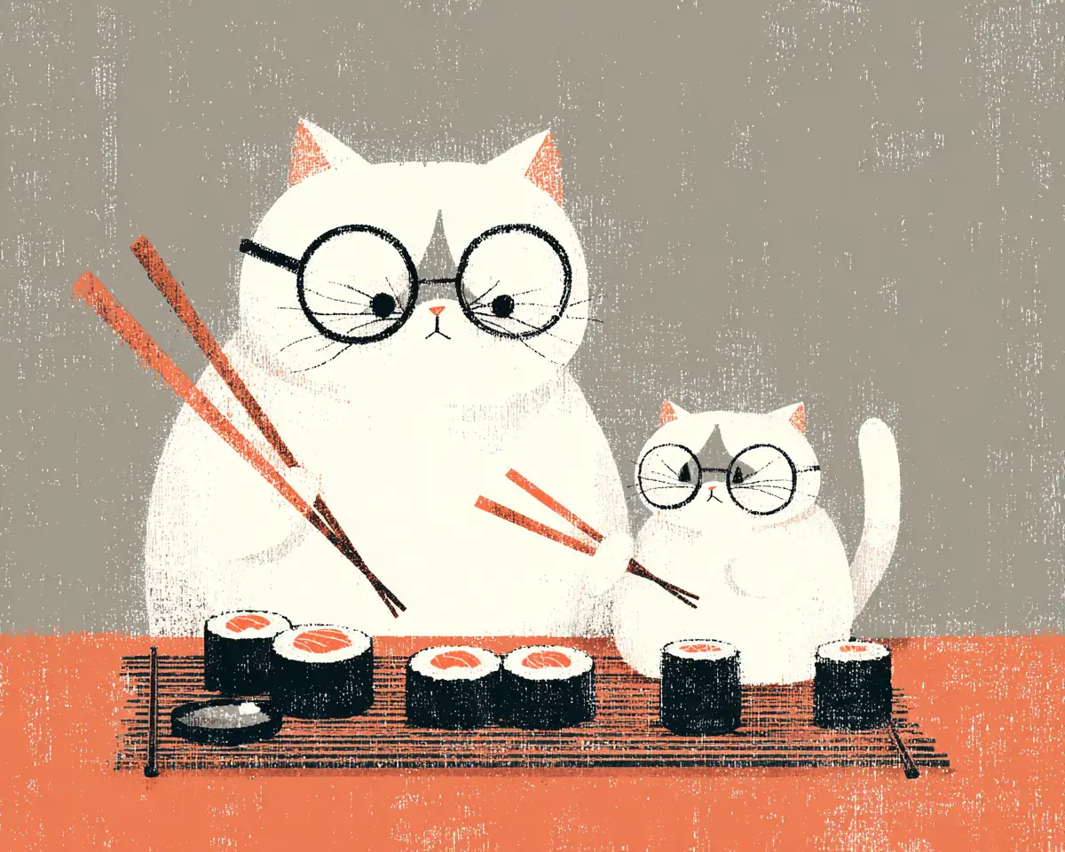Cartoon parent and child cats eating sushi together