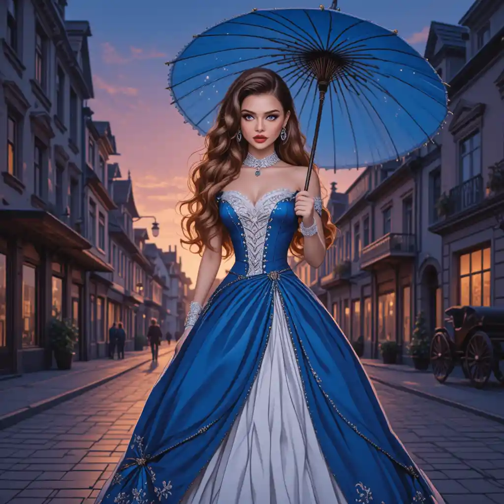 Blonde girl in blue victorian gown on european street