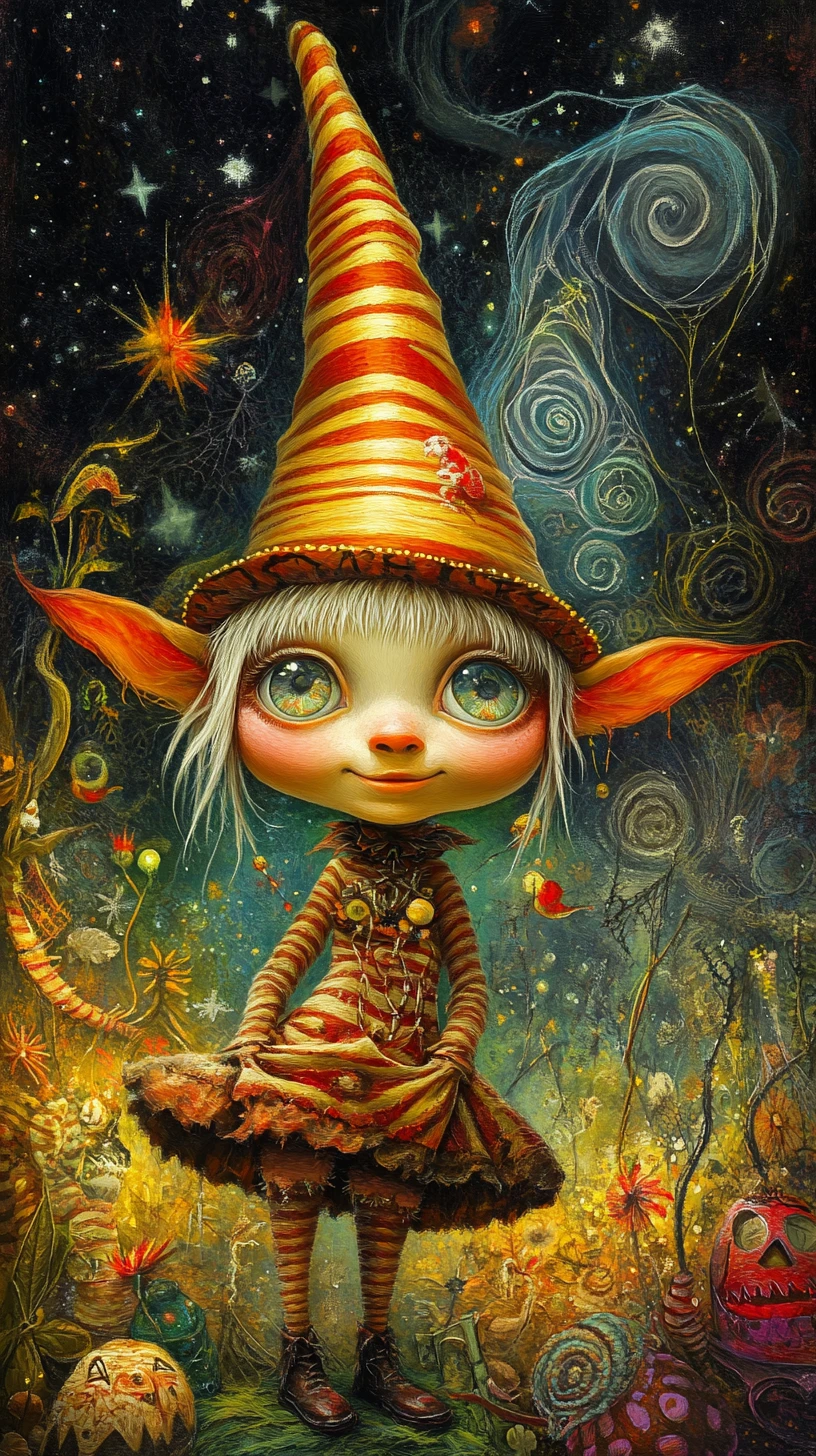 Whimsical wizard elf in a colorful halloween fantasy scene