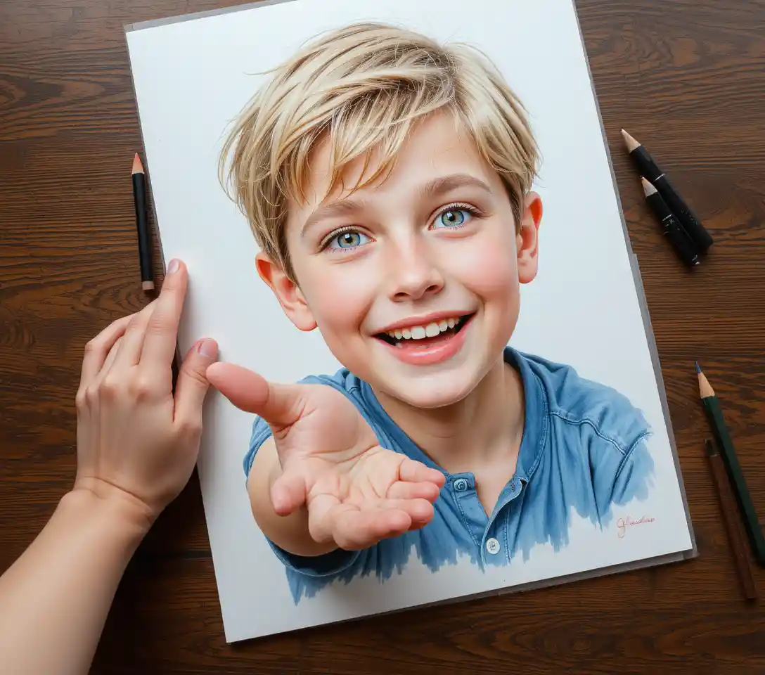 Joyful young boy reaching forward in pencil portrait