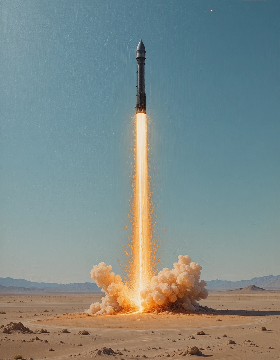 Schwarze Rakete startet senkrecht über eine karge Wüste