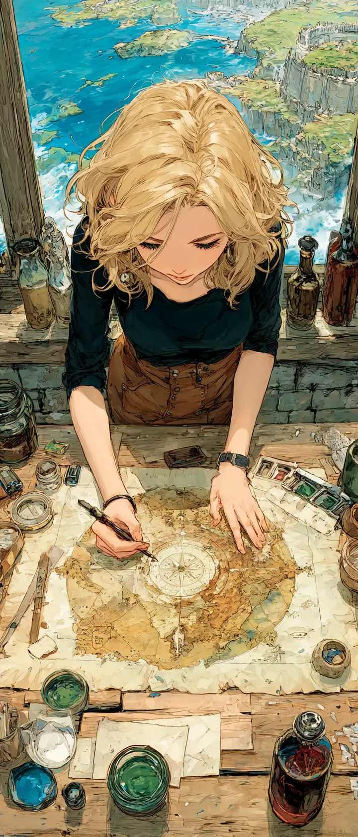 Anime cartographer studying a glowing ancient world map