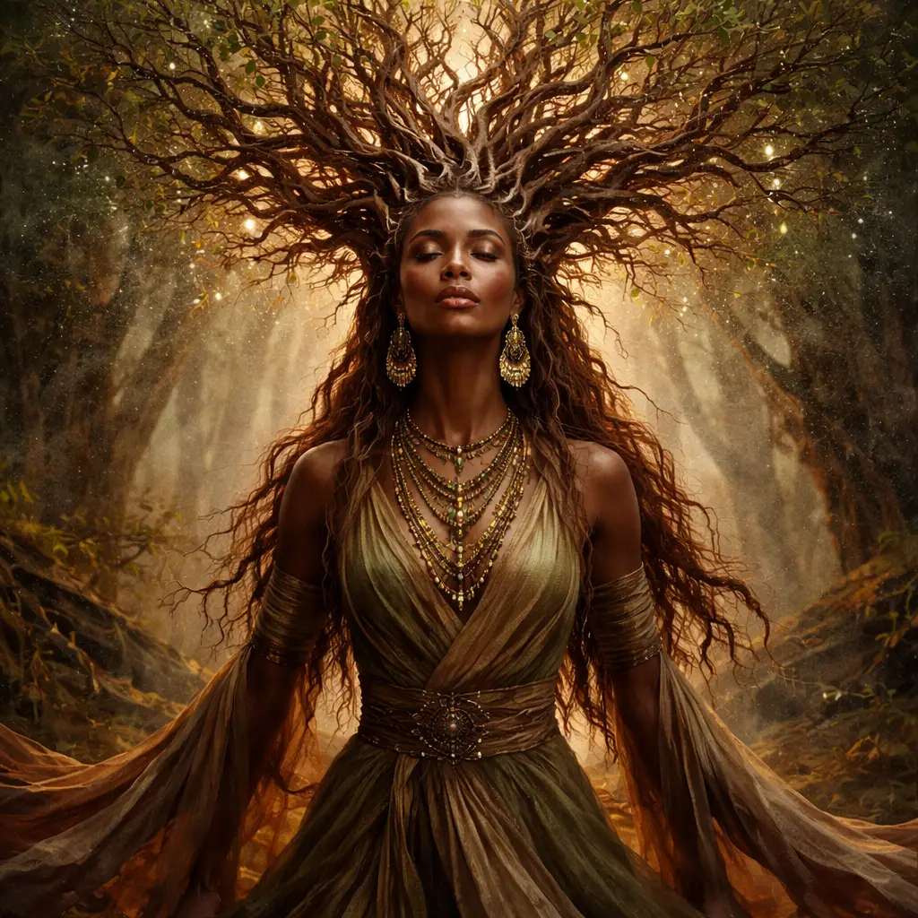 Femme couronnée de racines d’arbre montant vers le ciel, en tons terre