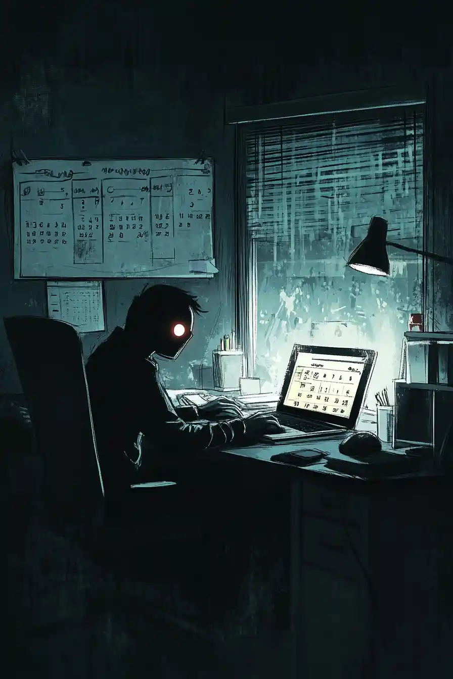 Bleak caricature of an office worker alone in darkness