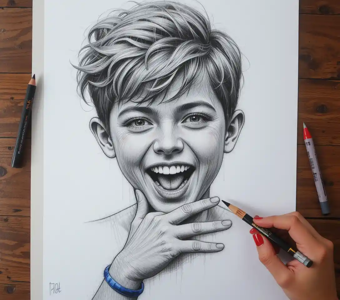 Smiling boy reaching out with hand in pencil portrait