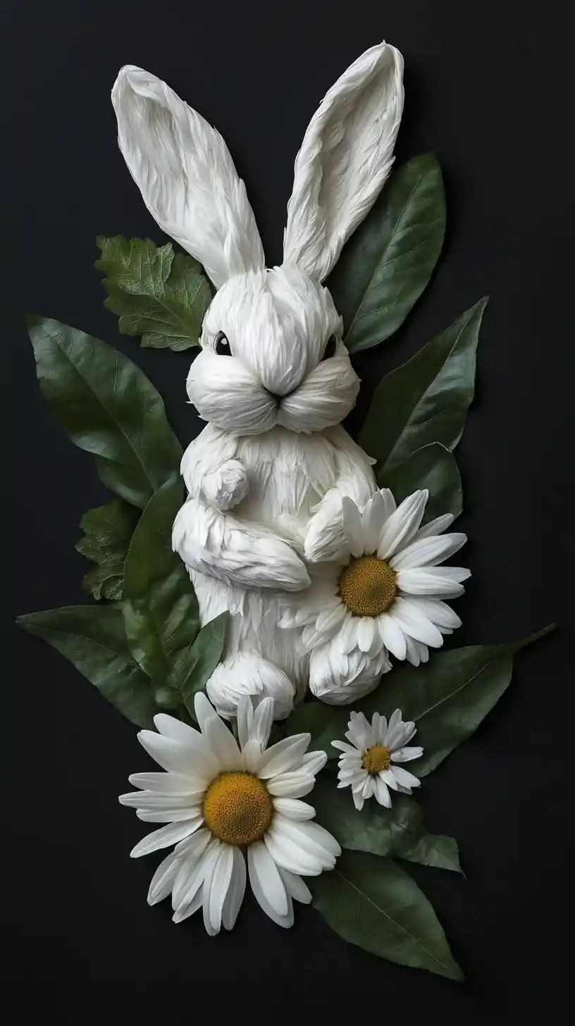 Surreal rabbit formed from delicate daisy flower petals