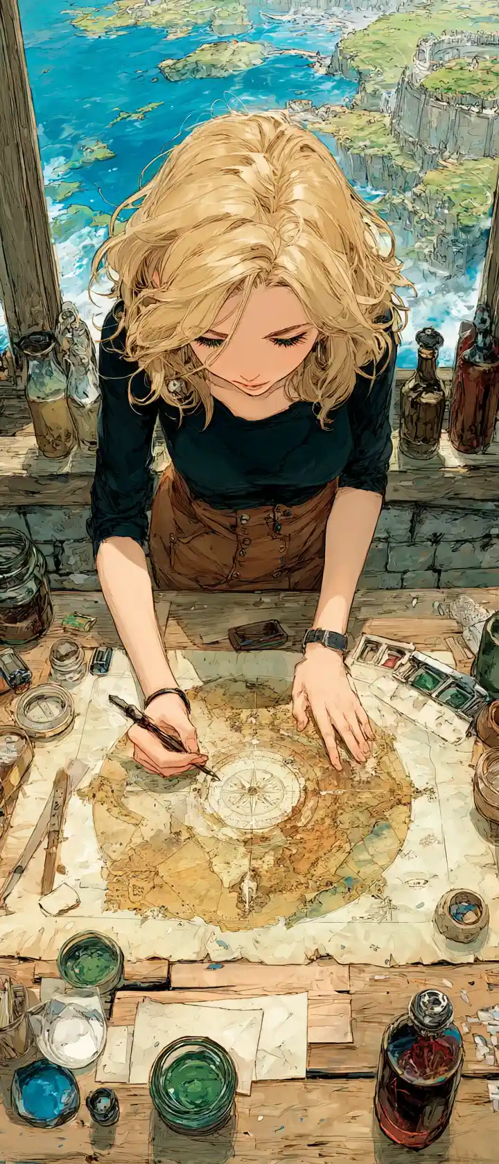 Cartografo in stile anime che studia un’antica mappa del mondo luminosa