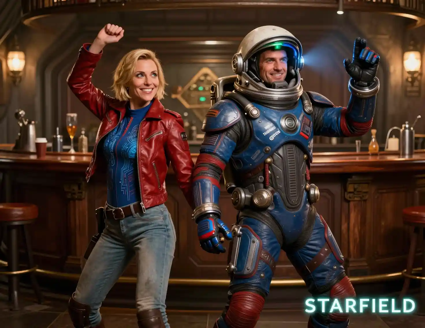 Dancing astronaut and woman in a rustic futuristic bar