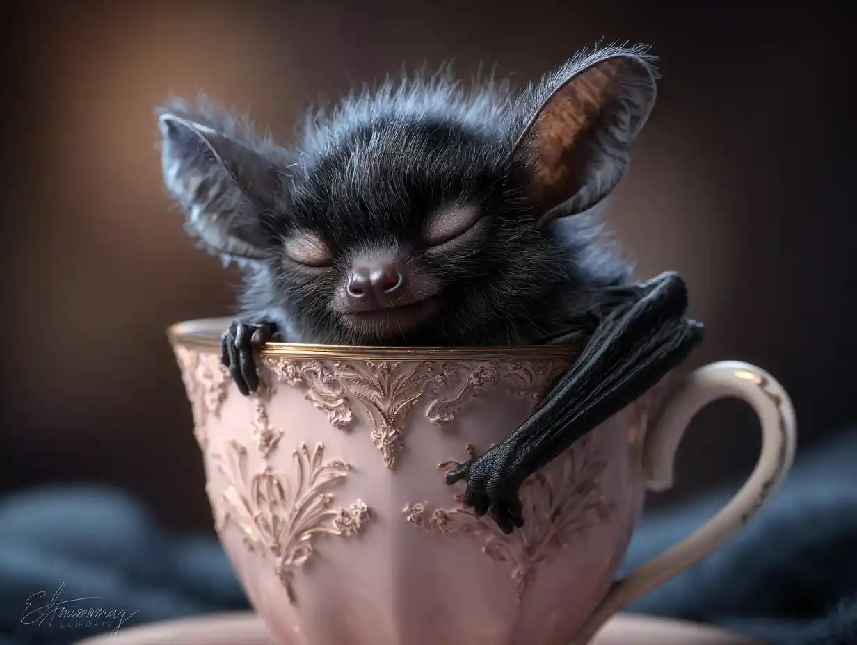 Cute bat hugging a large coffee cup illustration