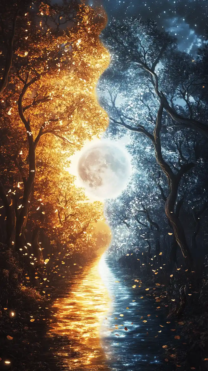 Yin yang of sunlit and moonlit fantasy forests