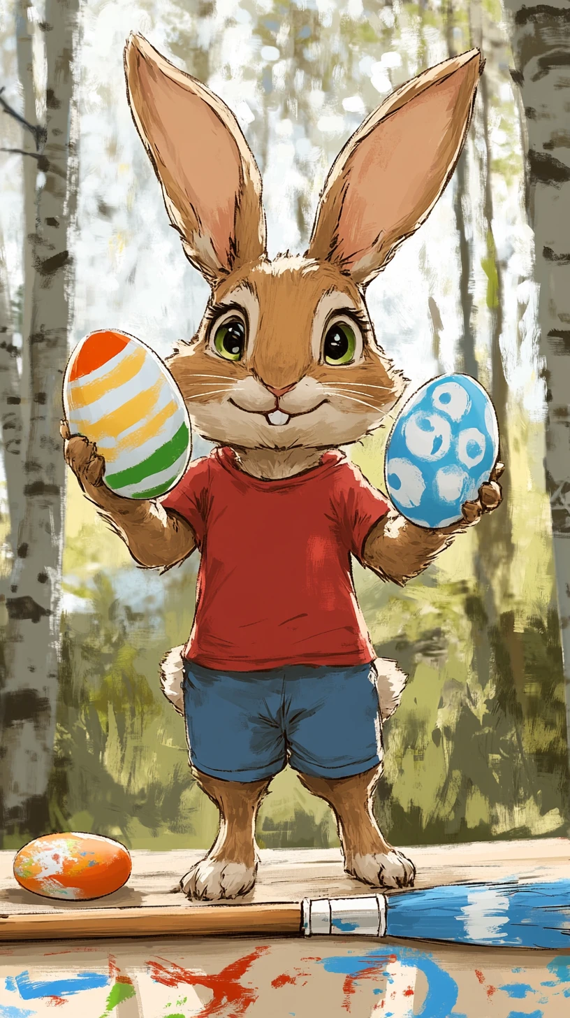 Cute Easter rabbit holding painted eggs in a forest