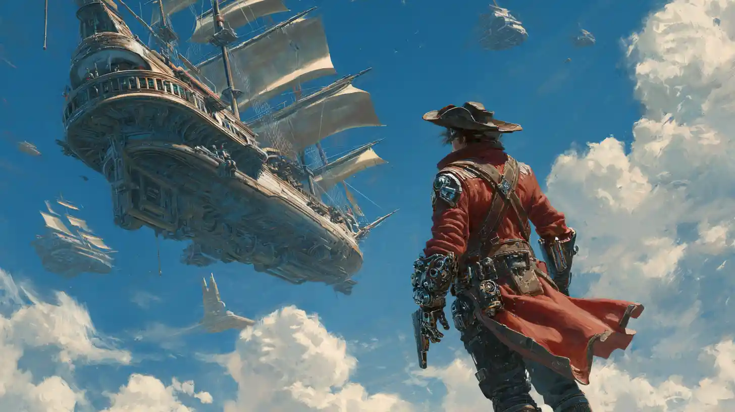 Cybernetic space pirate captain before a hybrid starship