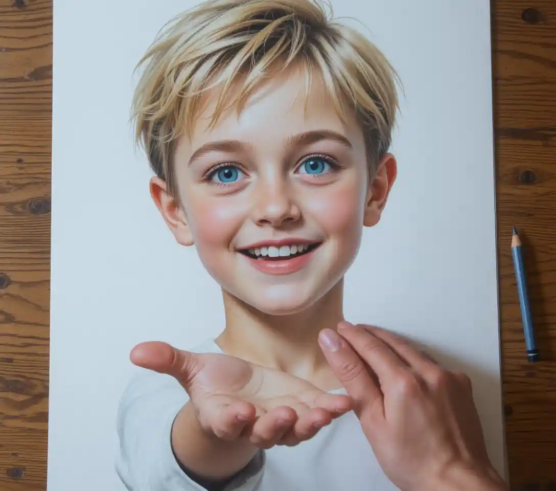 Bambino che esce dal foglio stringendo la mano di un adulto – disegno