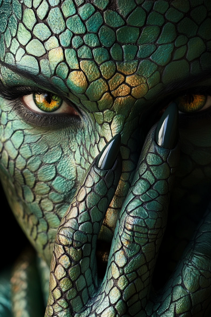 Gros plan de visage enveloppé par des mains peintes en serpent enroulé