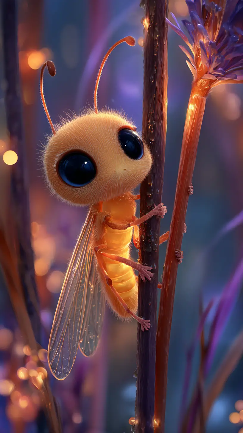 Cute glowing firefly on a reed in magical night scene