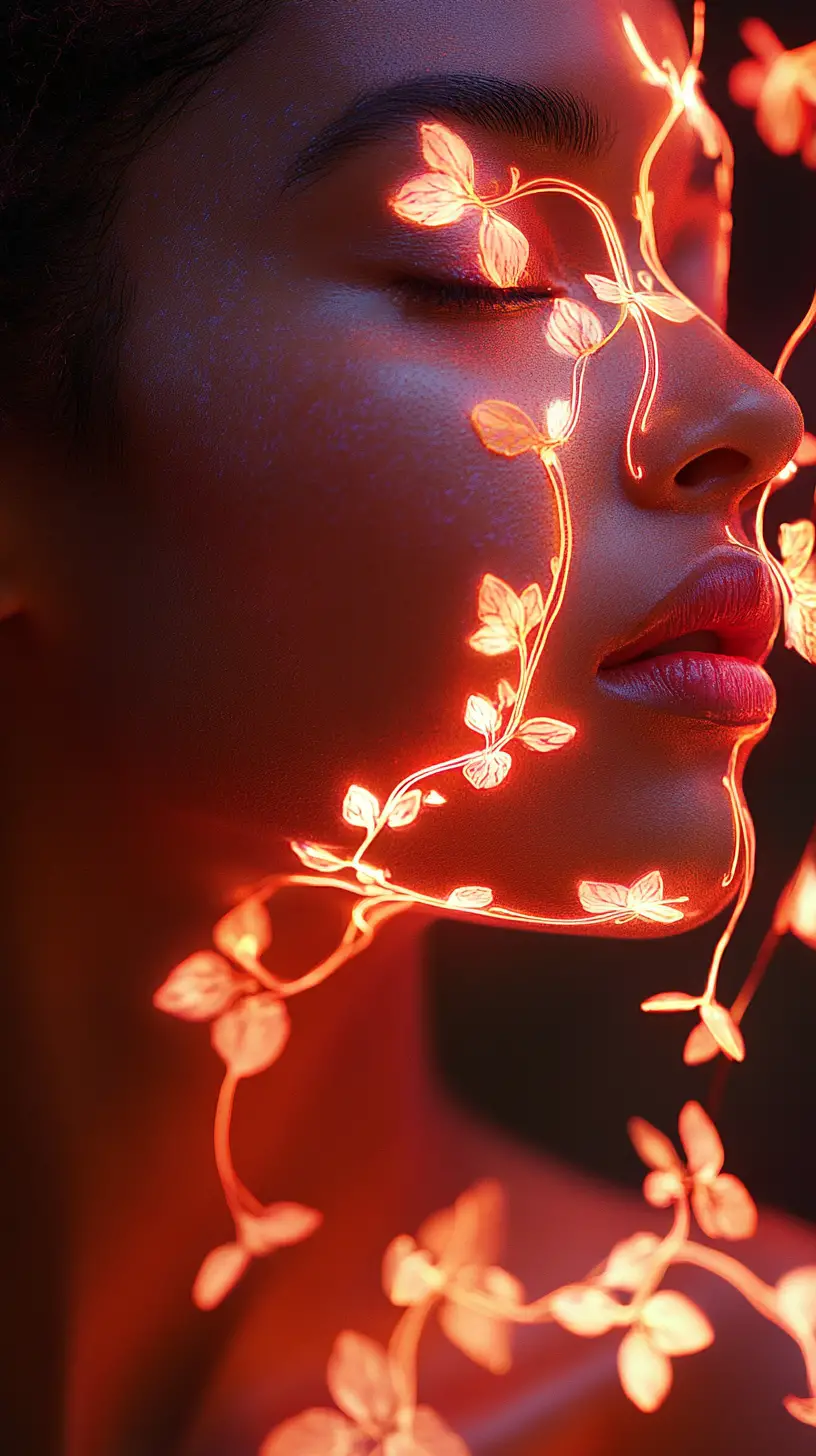 Macro portrait of woman with glowing floral vein patterns